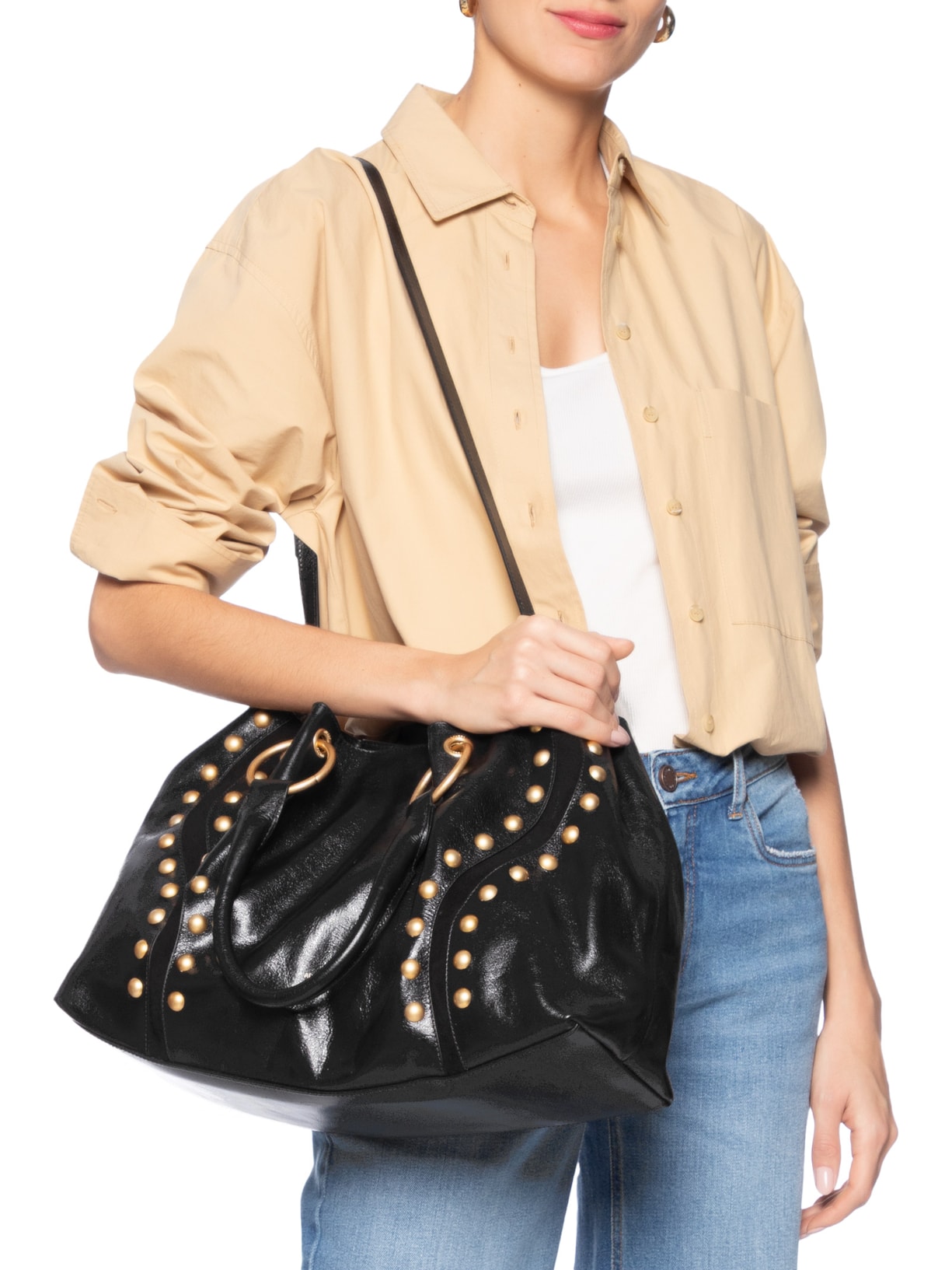 Bolsa Feminina Tote Couro Grande Rebites Preto Arezzo