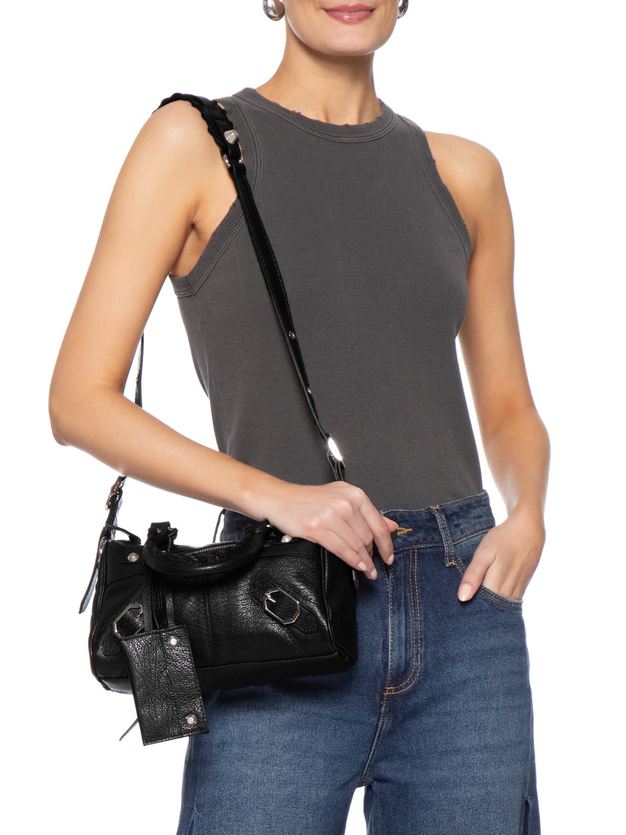 Bolsa Feminina Tote Couro Pequena Alça Tressê Preto Arezzo