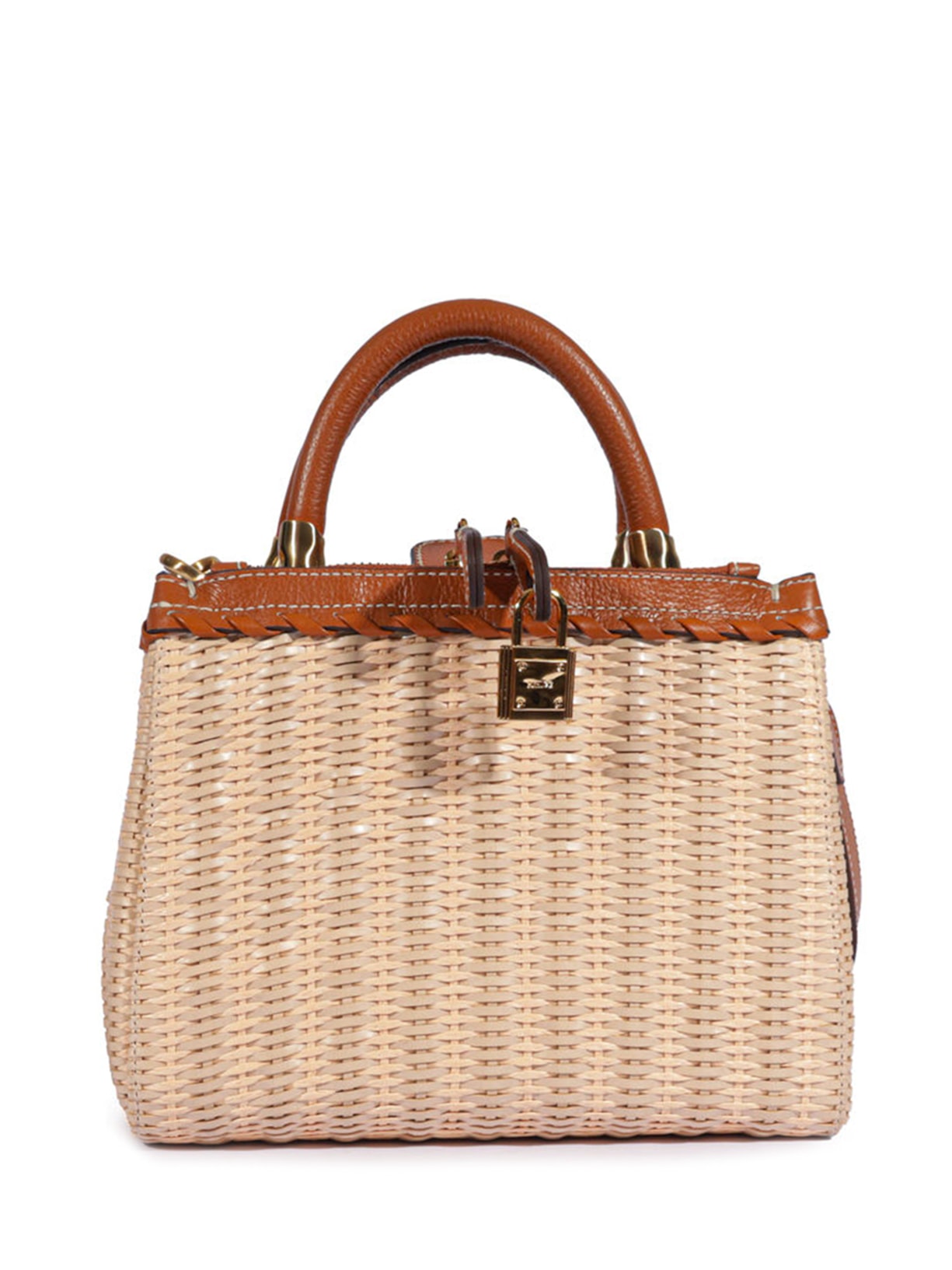 Bolsa Feminina Tote Pequena Couro e Palha - Bege