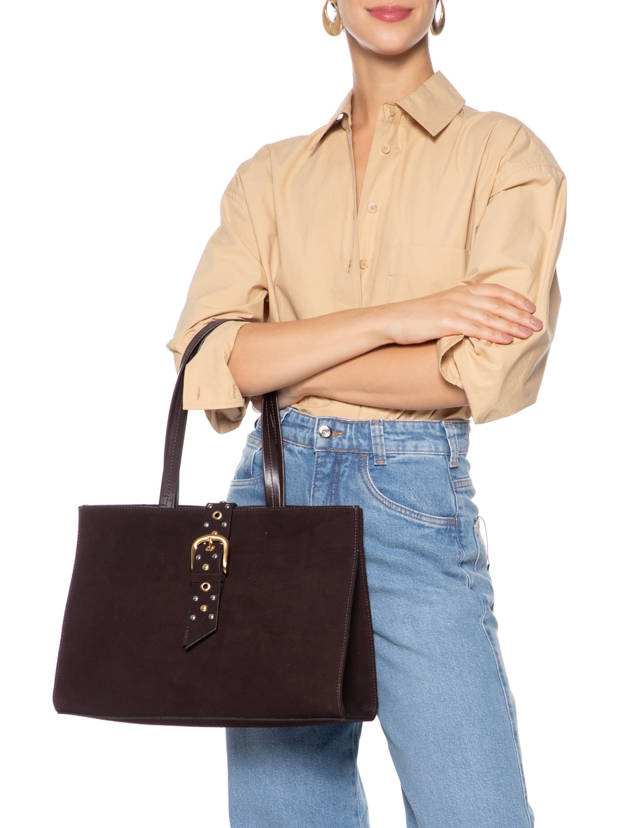 Bolsa Feminina Tote Thaila Grande Camurça Marrom Vicenza