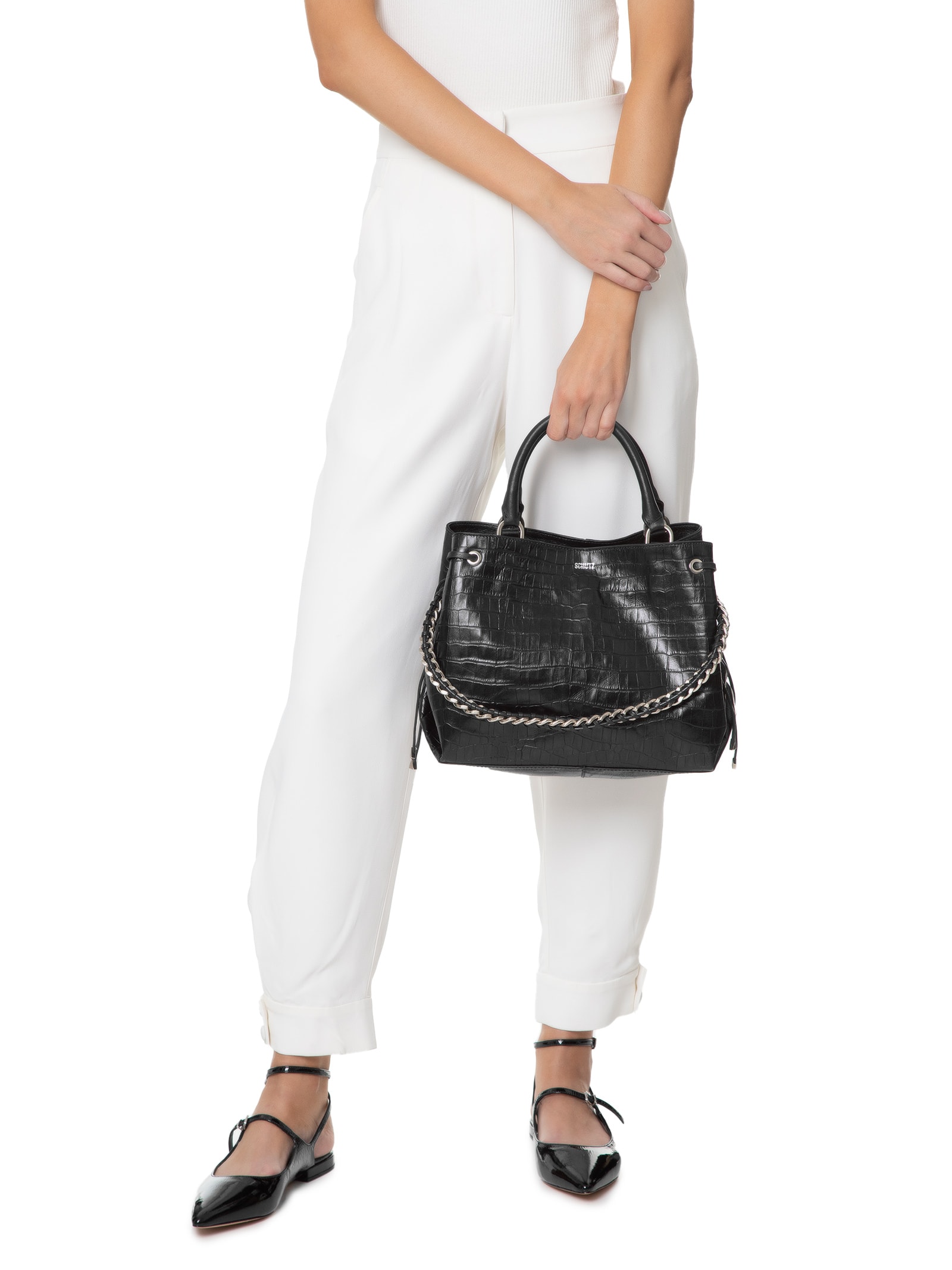 Bolsa Feminina Tote Tiracolo Bag All Couro Croco - Schutz - Preto