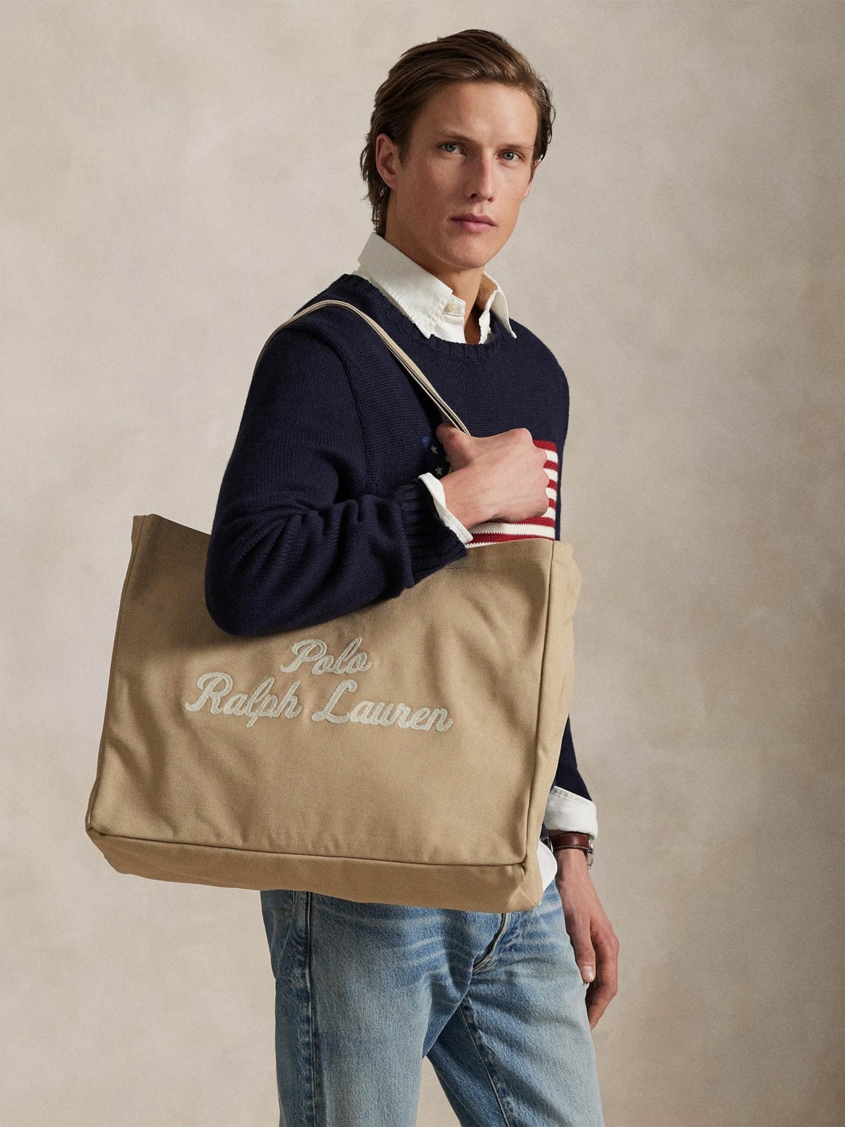 Bolsa Masculina East West Tote Large Canvas Bege Polo Ralph Lauren