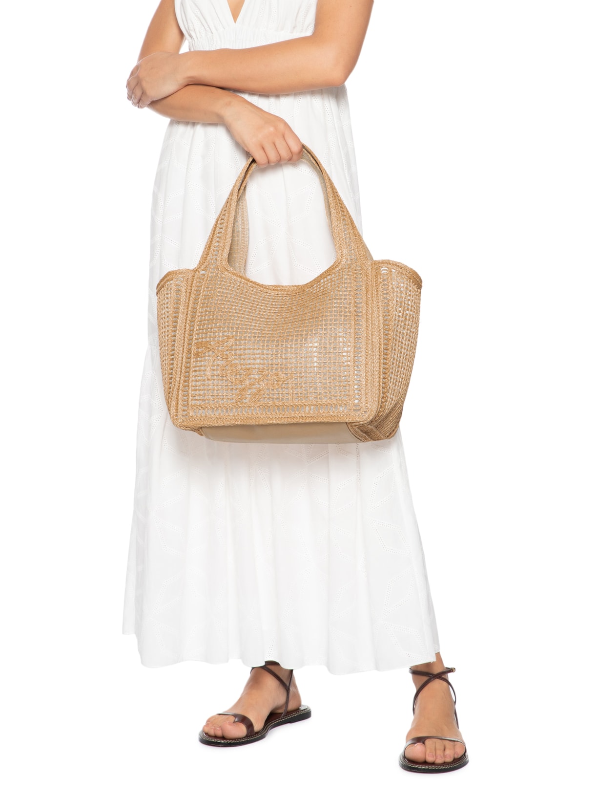 Bolsa Shopping Tramado Grande Bordado Becca Bege Arezzo