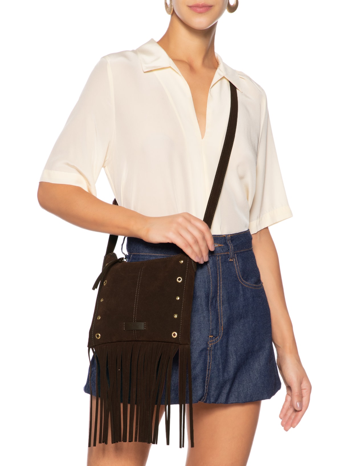 Bolsa Tiracolo Acamurçada Média Franjas Marrom Arezzo