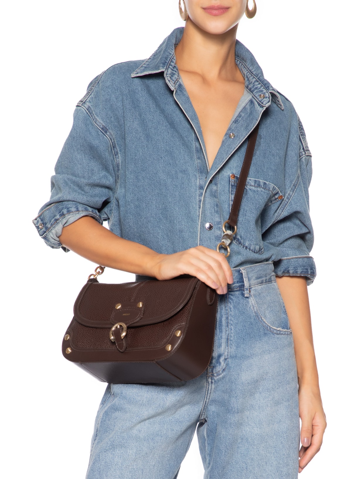 Bolsa Tiracolo Couro Worn Média Metais Marrom Arezzo