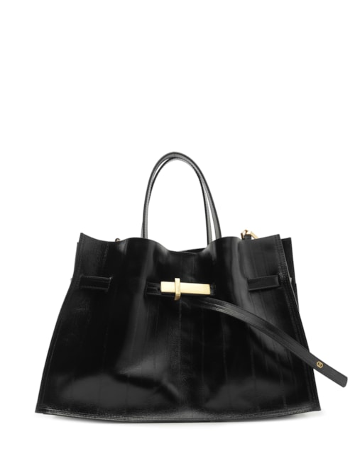 Bolsa Tote Couro Grande Tira Metal – Preto