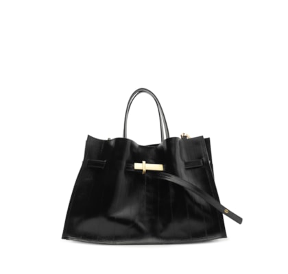 Bolsa Tote Couro Grande Tira Metal – Preto