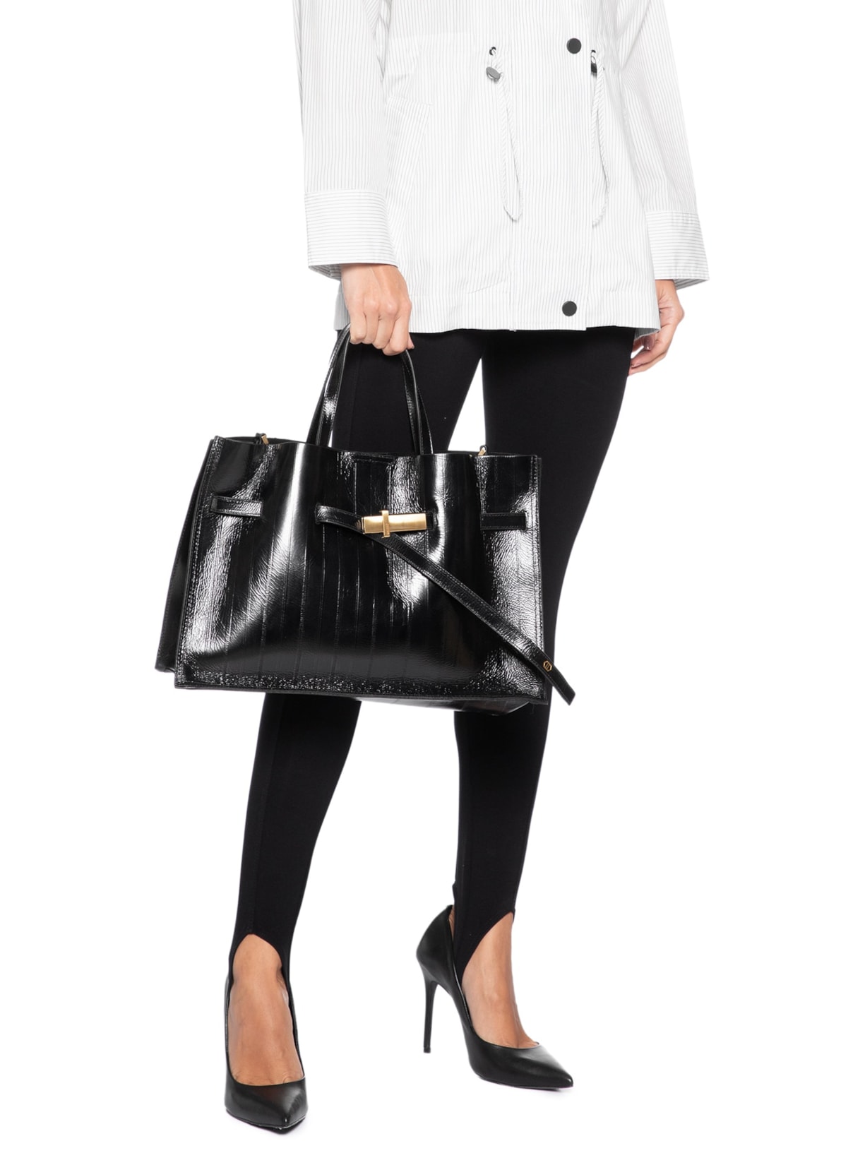 Bolsa Tote Couro Grande Tira Metal – Preto Arezzo