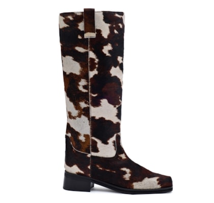 Bota Cano Alto Biker Sarah em Couro Cow Print