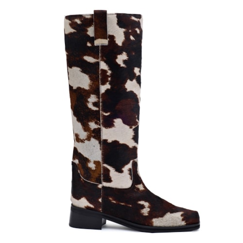 Bota Cano Alto Biker Sarah em Couro Cow Print