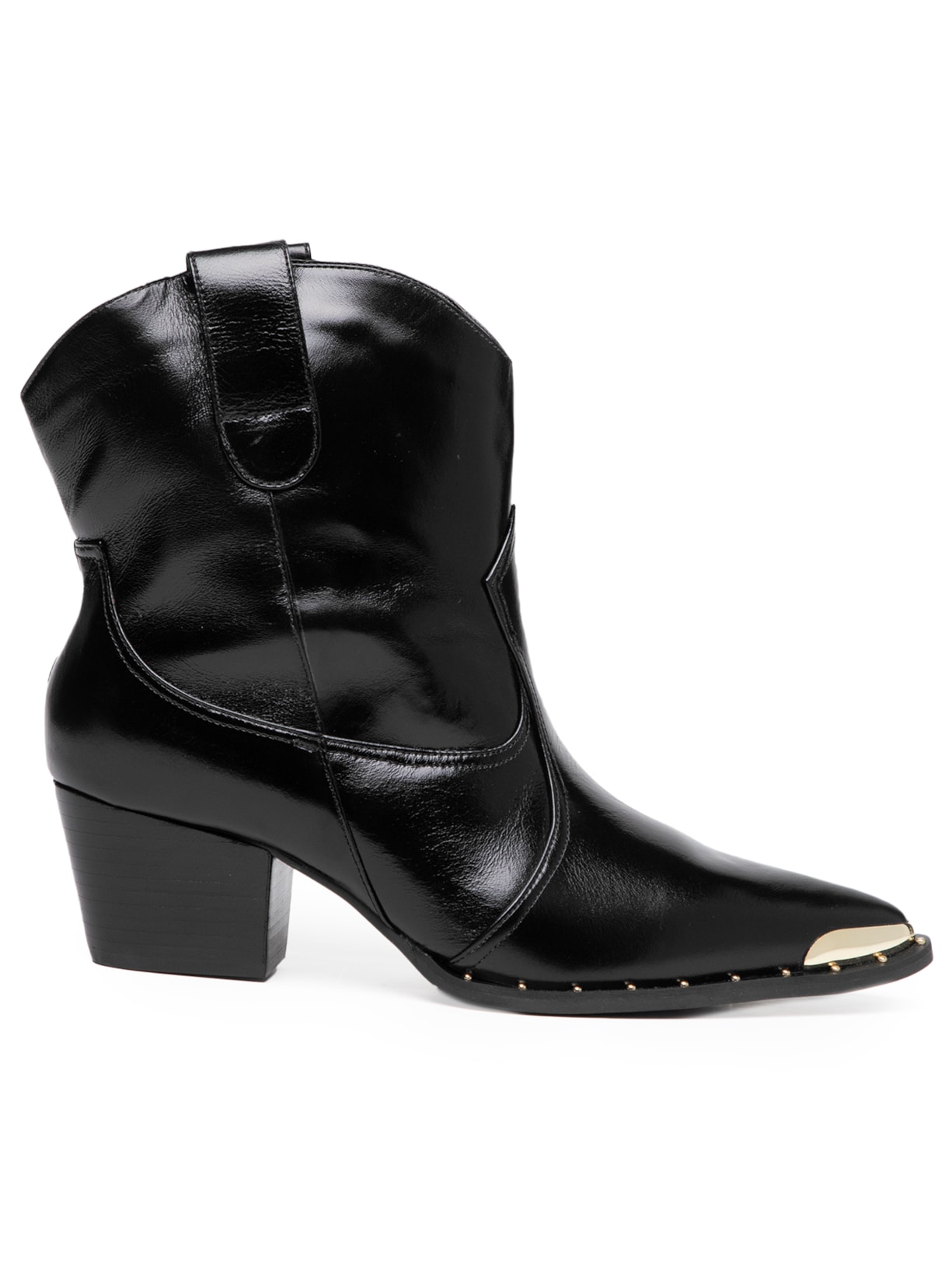 Bota Feminina Cano Baixo Em Couro Com Tachas E Biqueira - Preto