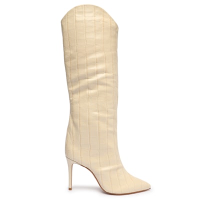 Bota Feminina Cano Longo Salto Maryana Couro -  Bege