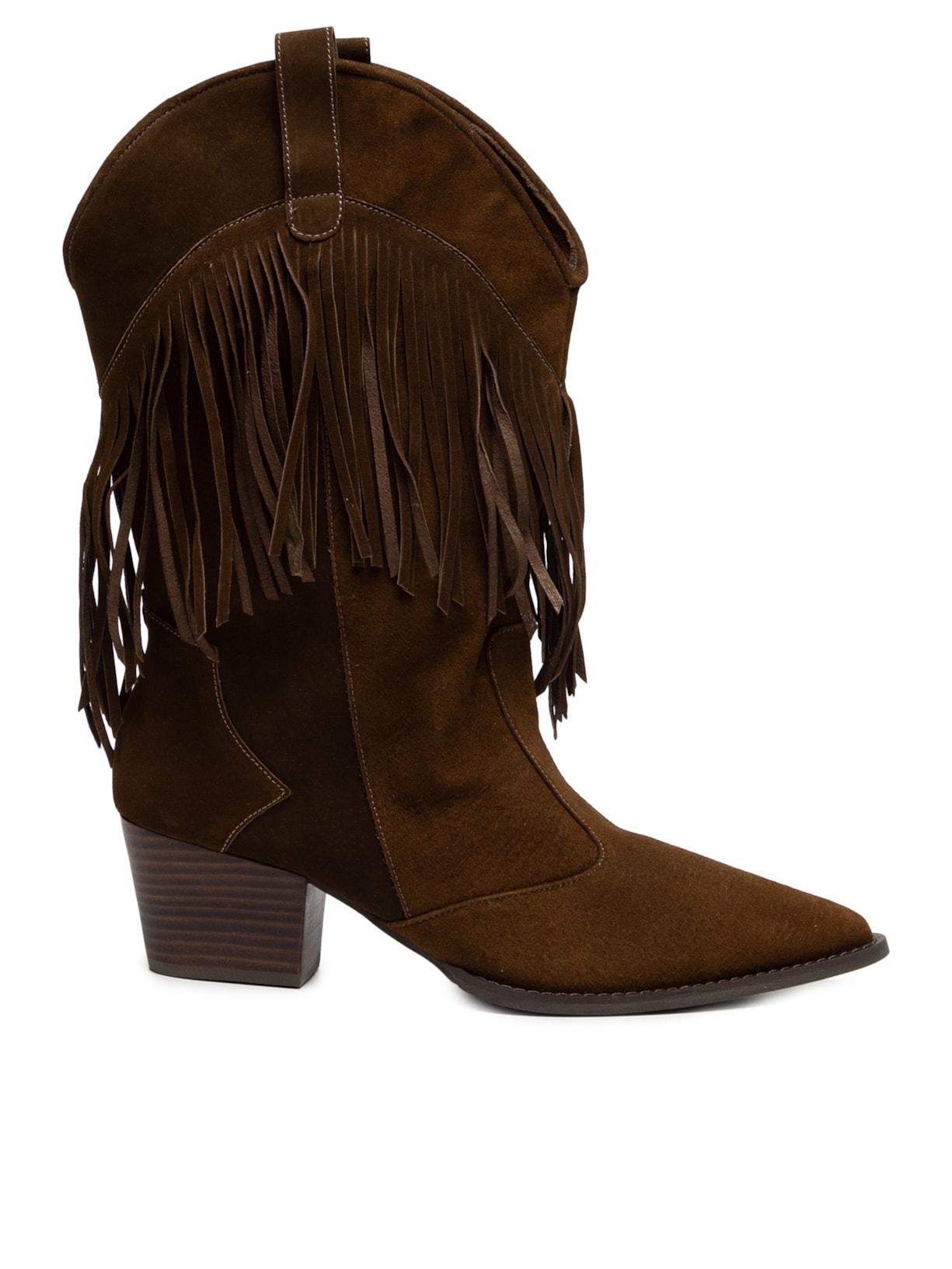 Bota Feminina Cano Médio Em Couro Com Franjas - Marrom