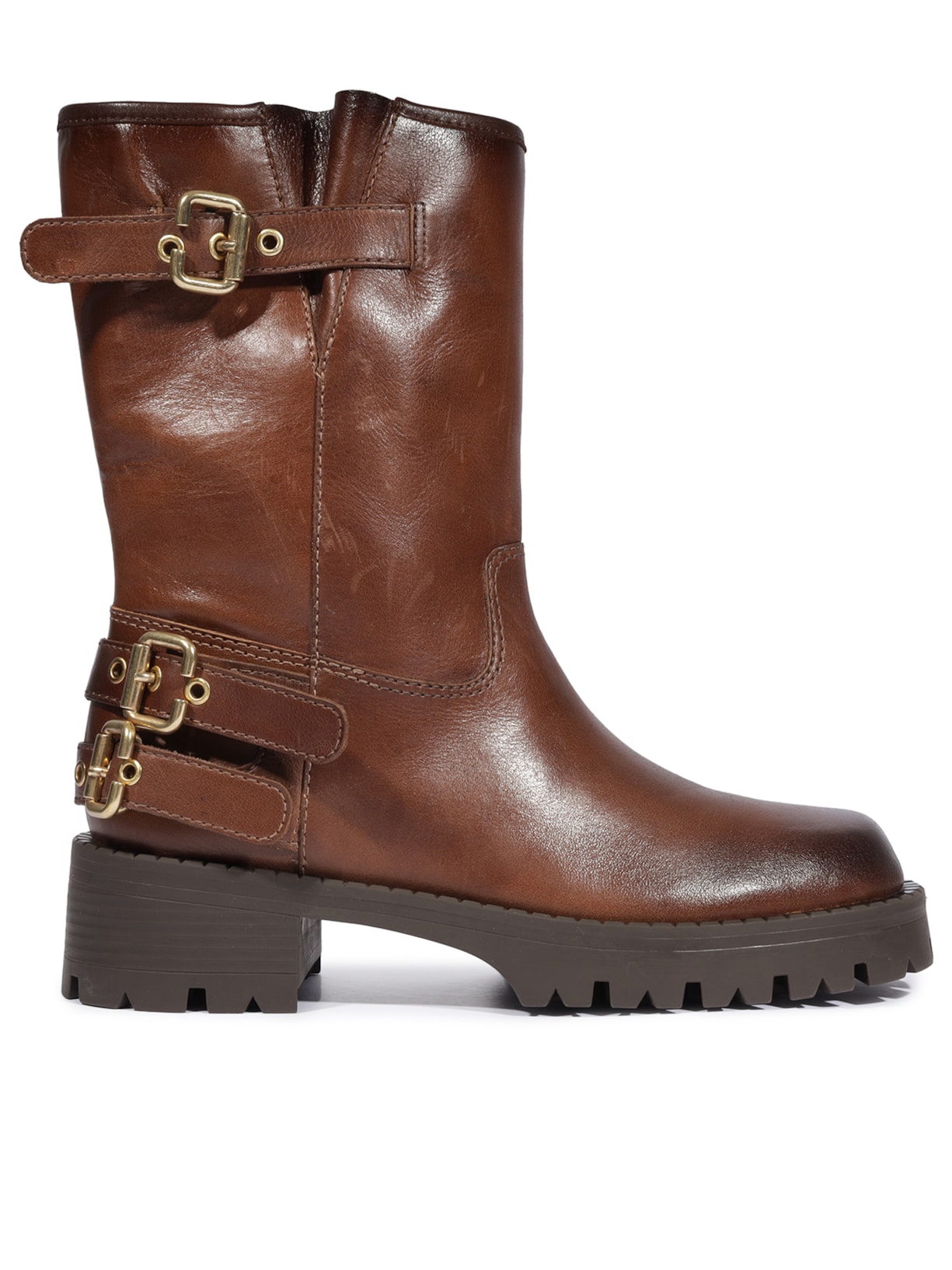 Bota Feminina Cano Médio Tratorada Couro Marrom Schutz