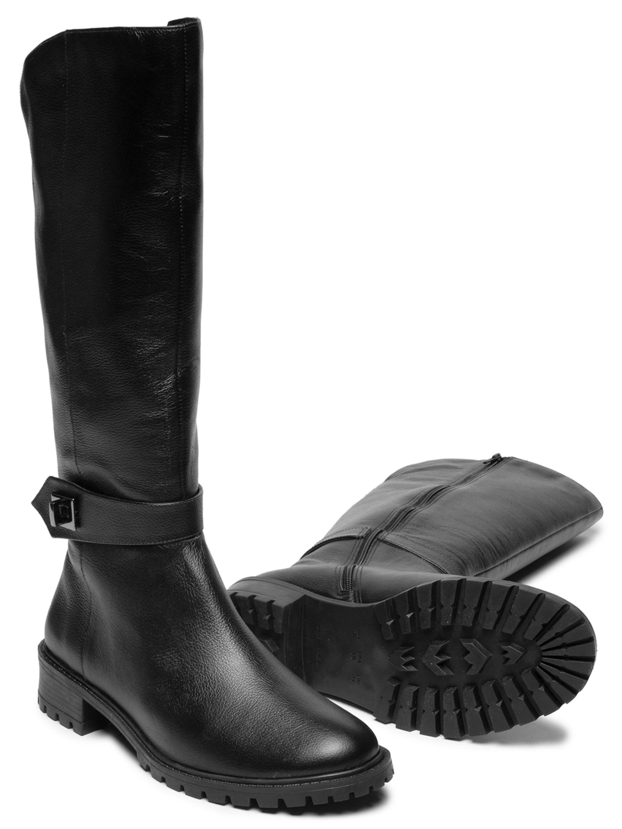 Bota Feminina Couro Alta Com Fivela Preto Basiq