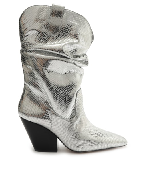 Bota Feminina Couro Cano Franzido Salto Médio - Prata