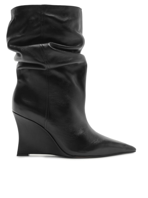 Bota Feminina Couro Salto Anabela Slouchy - Preto