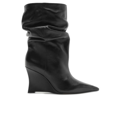 Bota Feminina Couro Salto Anabela Slouchy - Preto