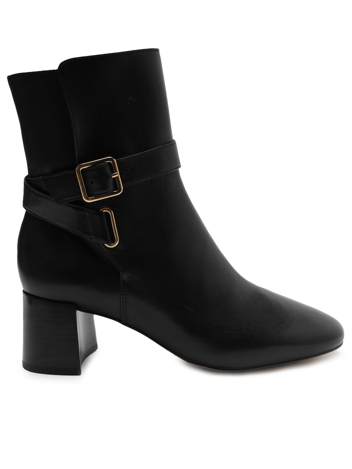 Bota Feminina Couro Salto Bloco Detalhe Fivela - Preto