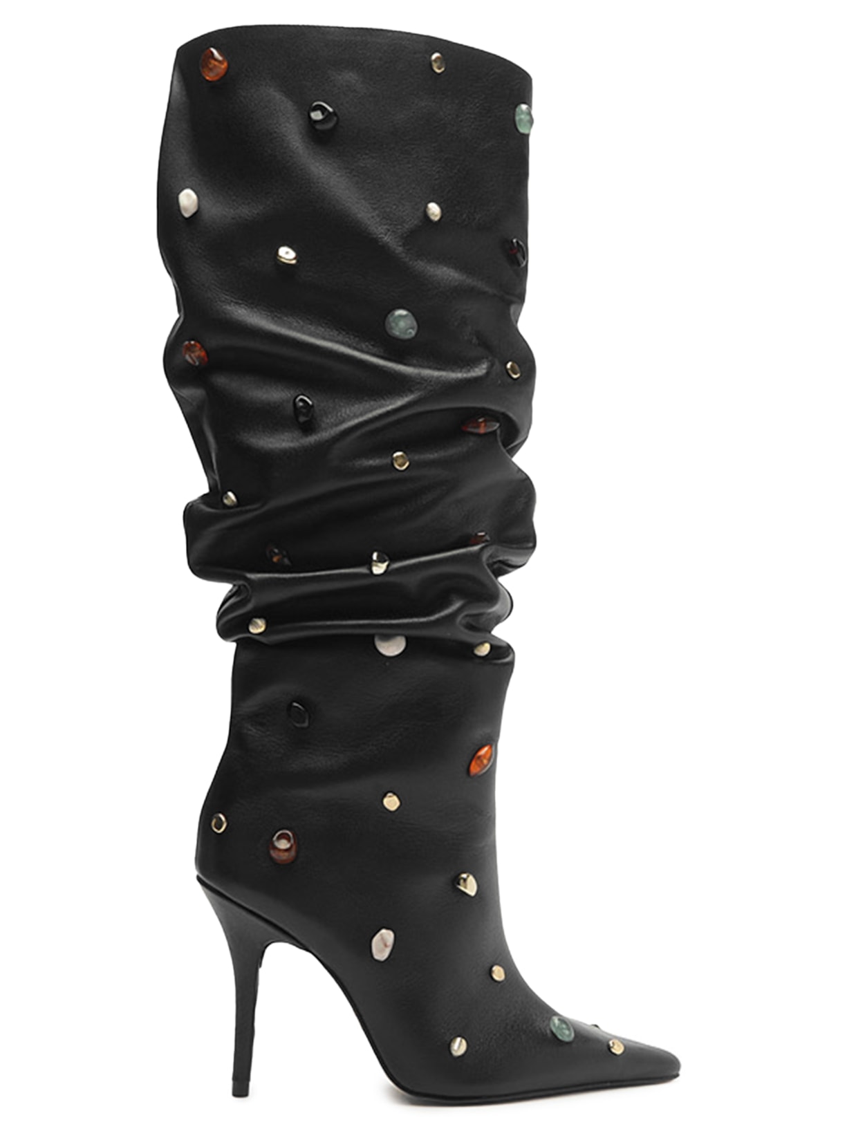 Bota Feminina Couro Salto Fino Slouchy Pedras - Preto