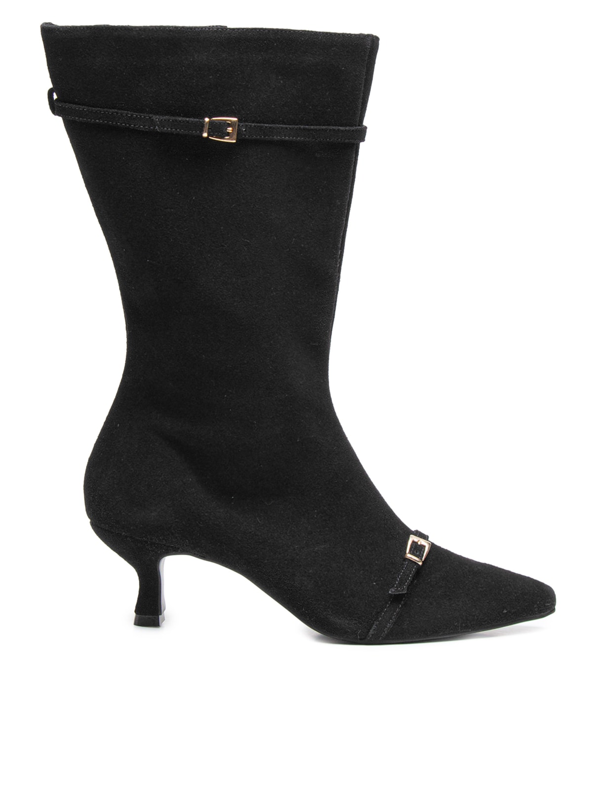 Bota Feminina Em Camurça Com Fivela - Preto