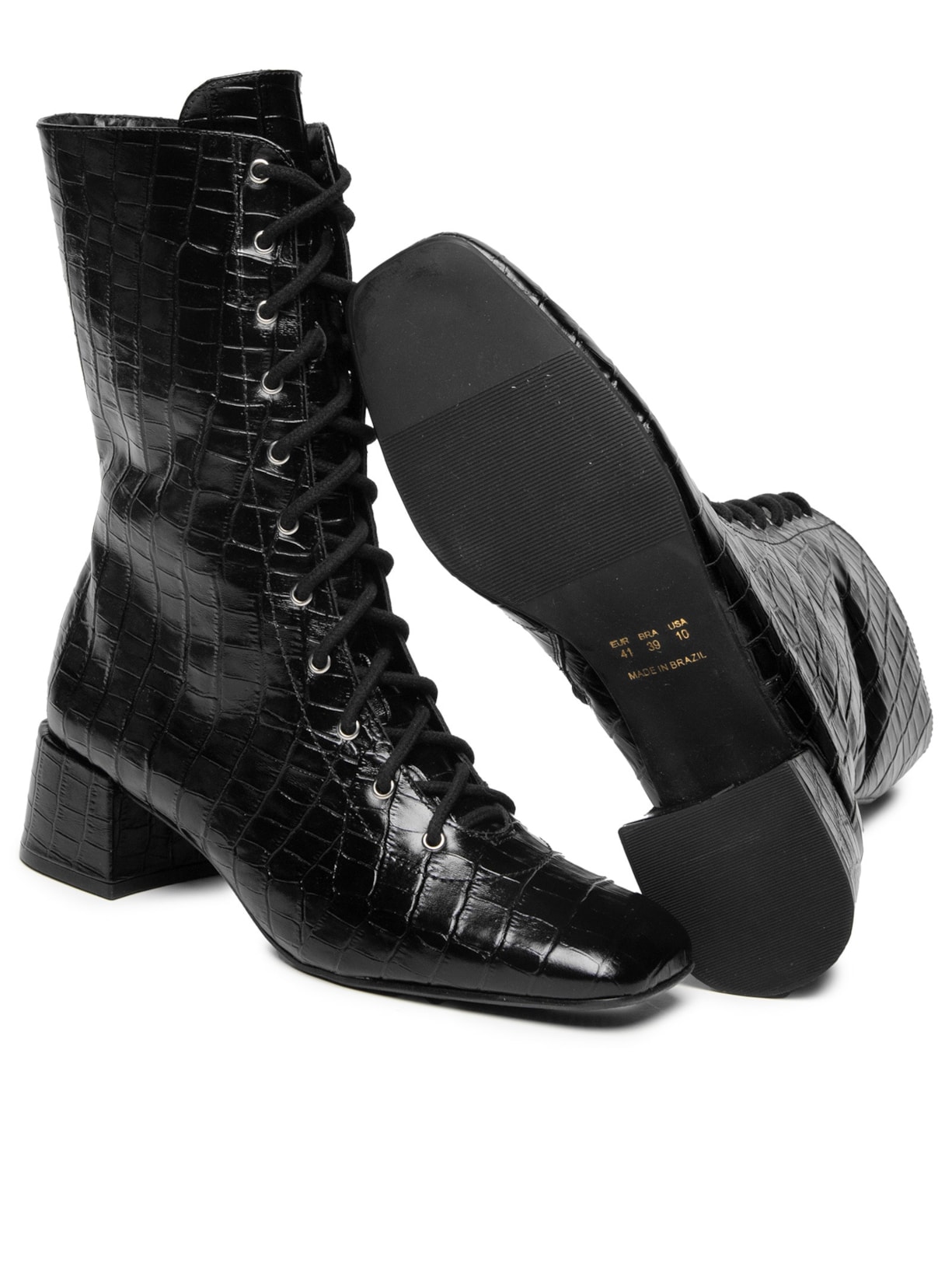 Bota Feminina Lace-up Em Couro Preto '2Essential