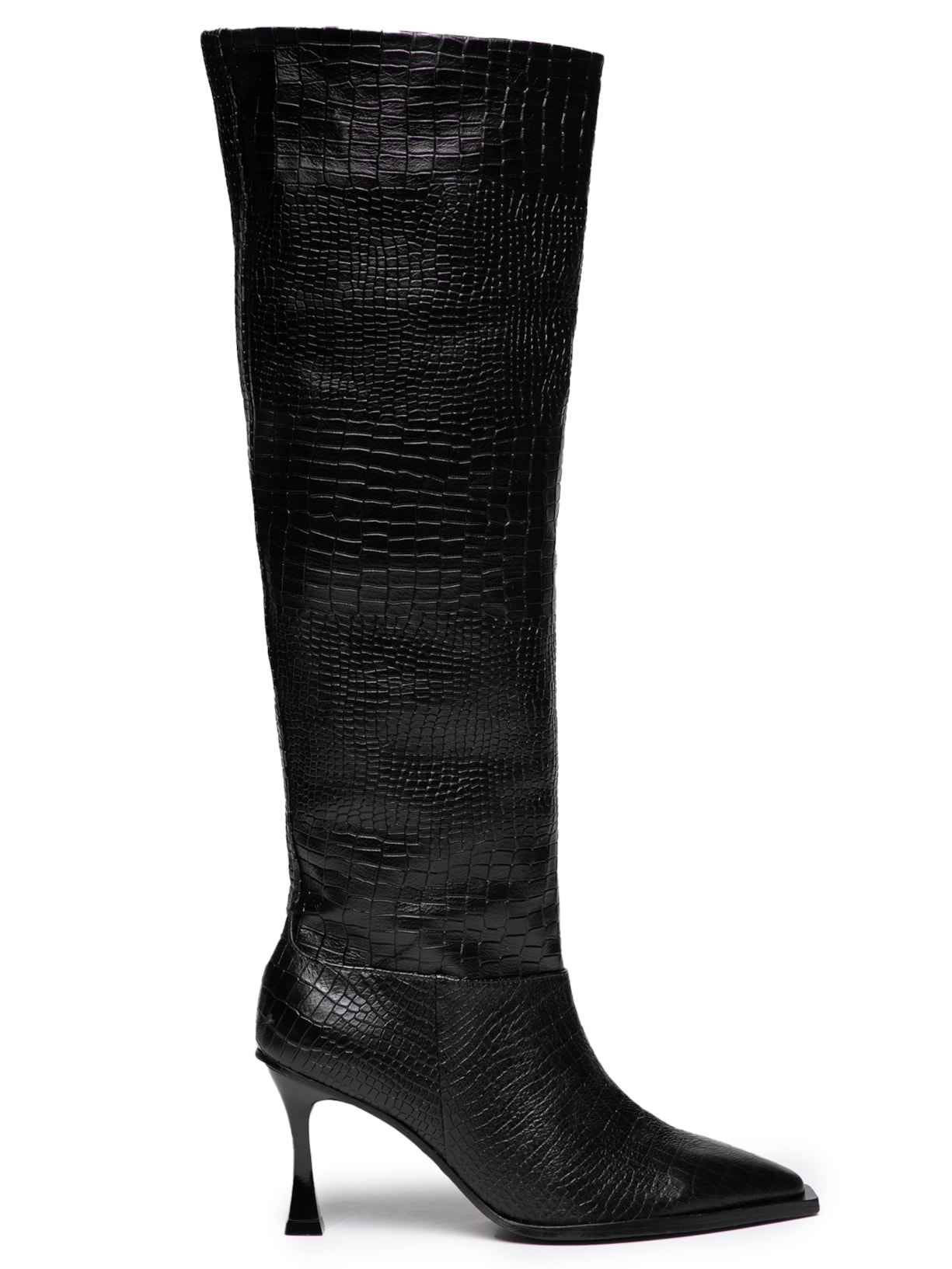 Bota Feminina Salto Alto Couro Croco Soft Shine - Preto