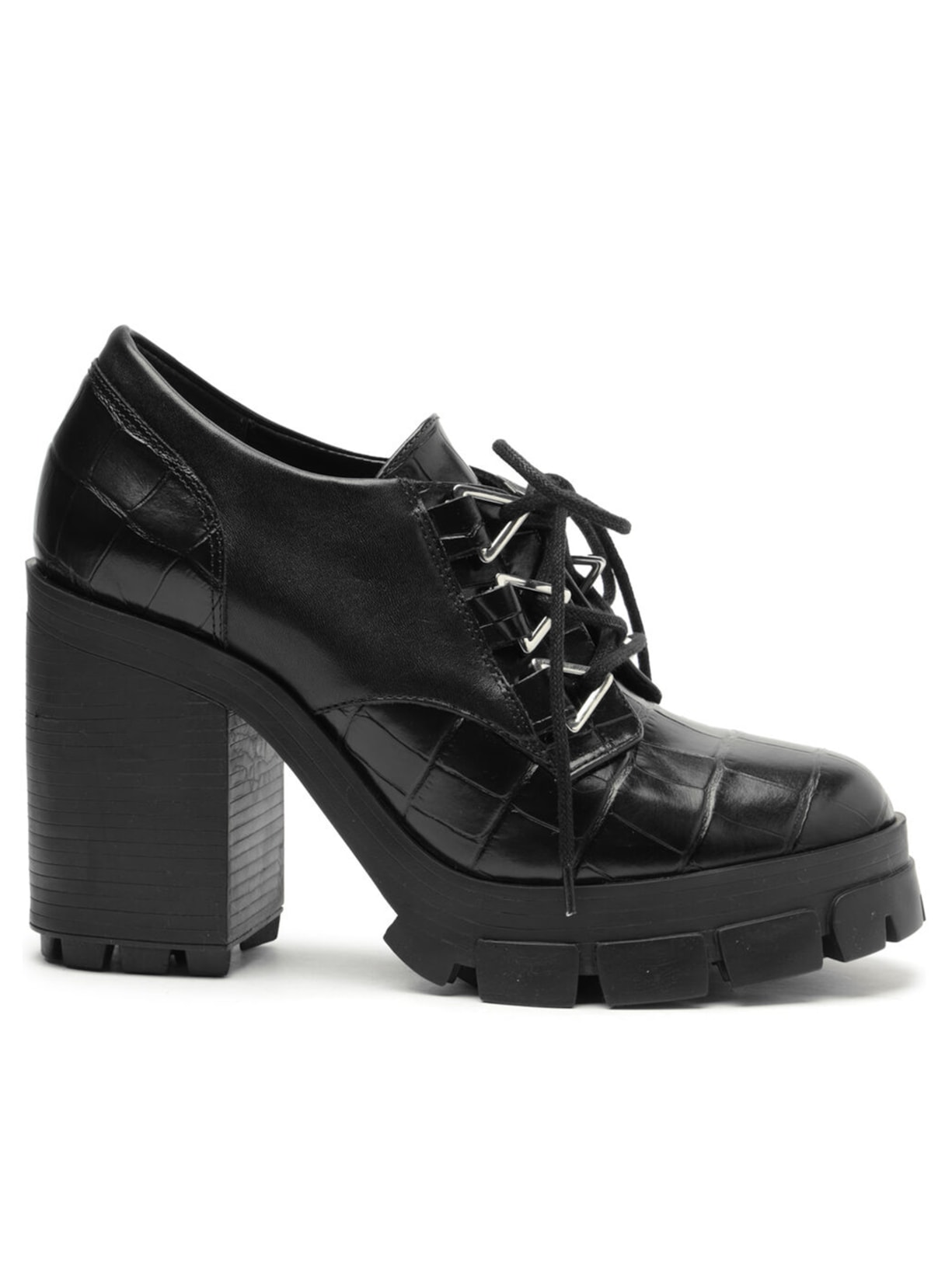 Bota Feminina Salto Alto Tratorado Couro - Preto