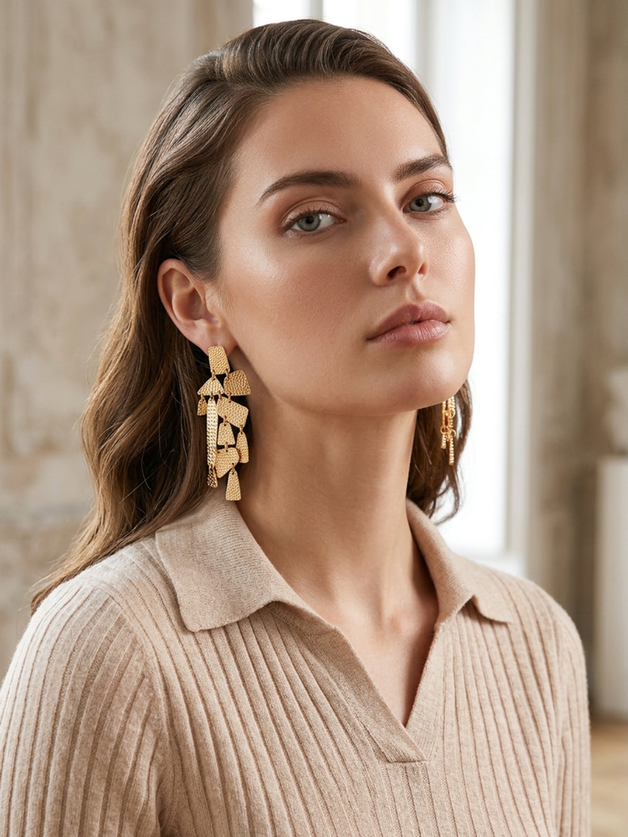 Brinco Feminino Longo Texturizado Dourado Market 33
