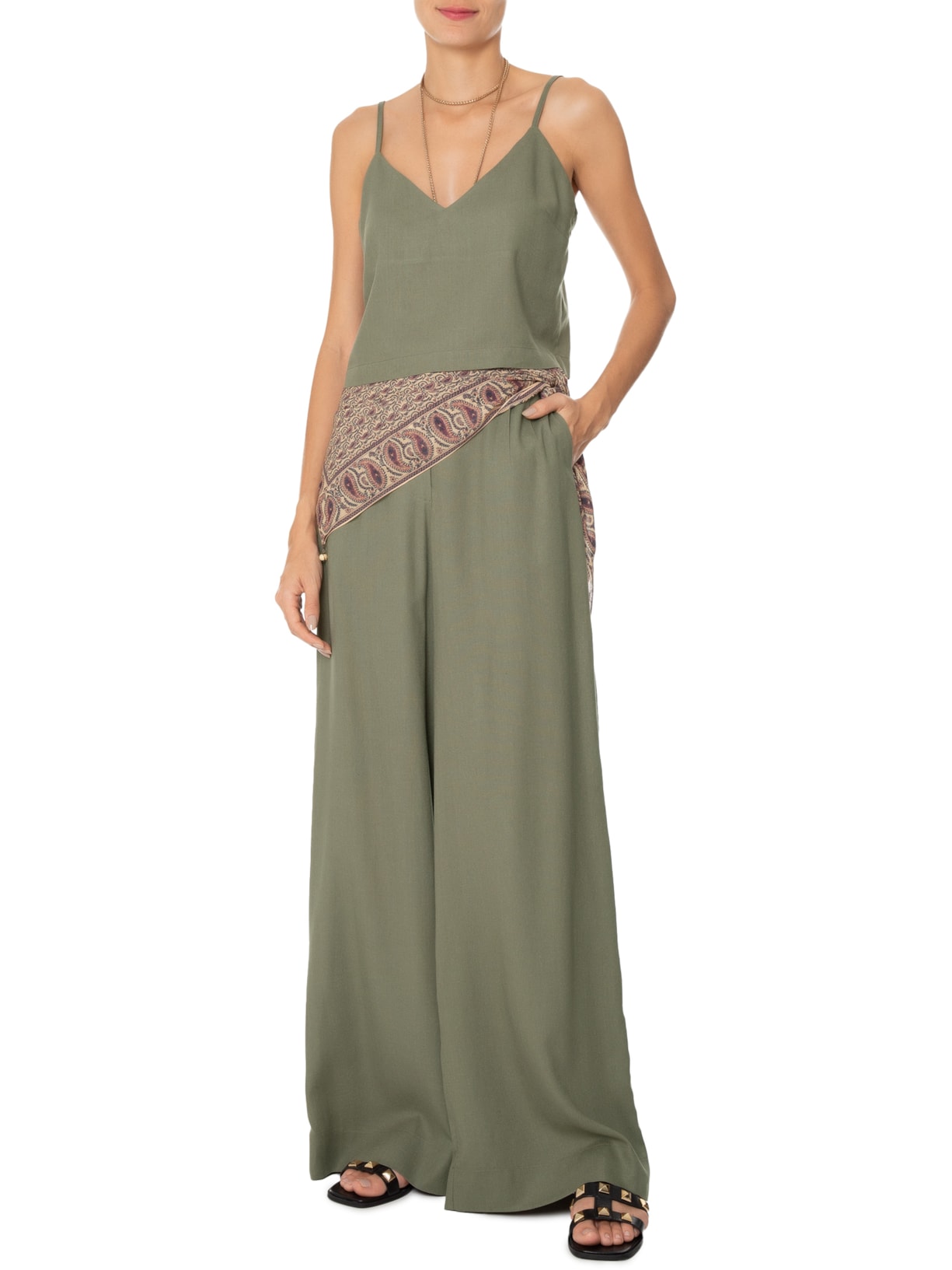 Caça Feminina Pantalona Pregas Verde  Maria Filó