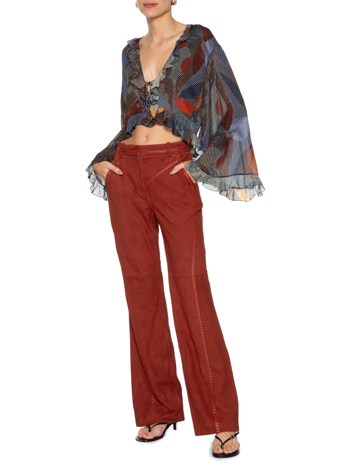 Calça De Chamois Bordada Mini Flare Vermelho Animale