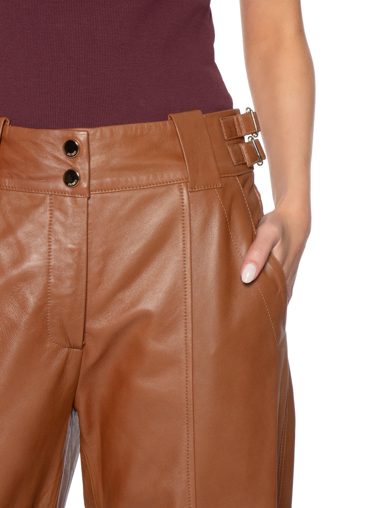 Calça De Couro Feminina Amplo Cós Fivelas Marrom Animale