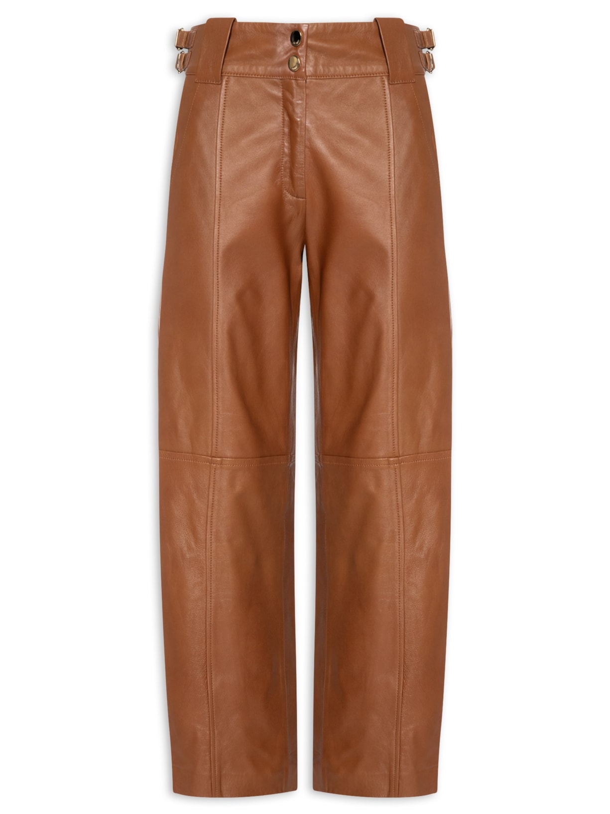 Calça De Couro Feminina Amplo Cós Fivelas Marrom Animale