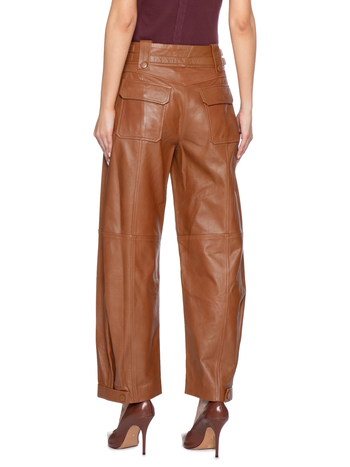Calça De Couro Feminina Amplo Cós Fivelas Marrom Animale