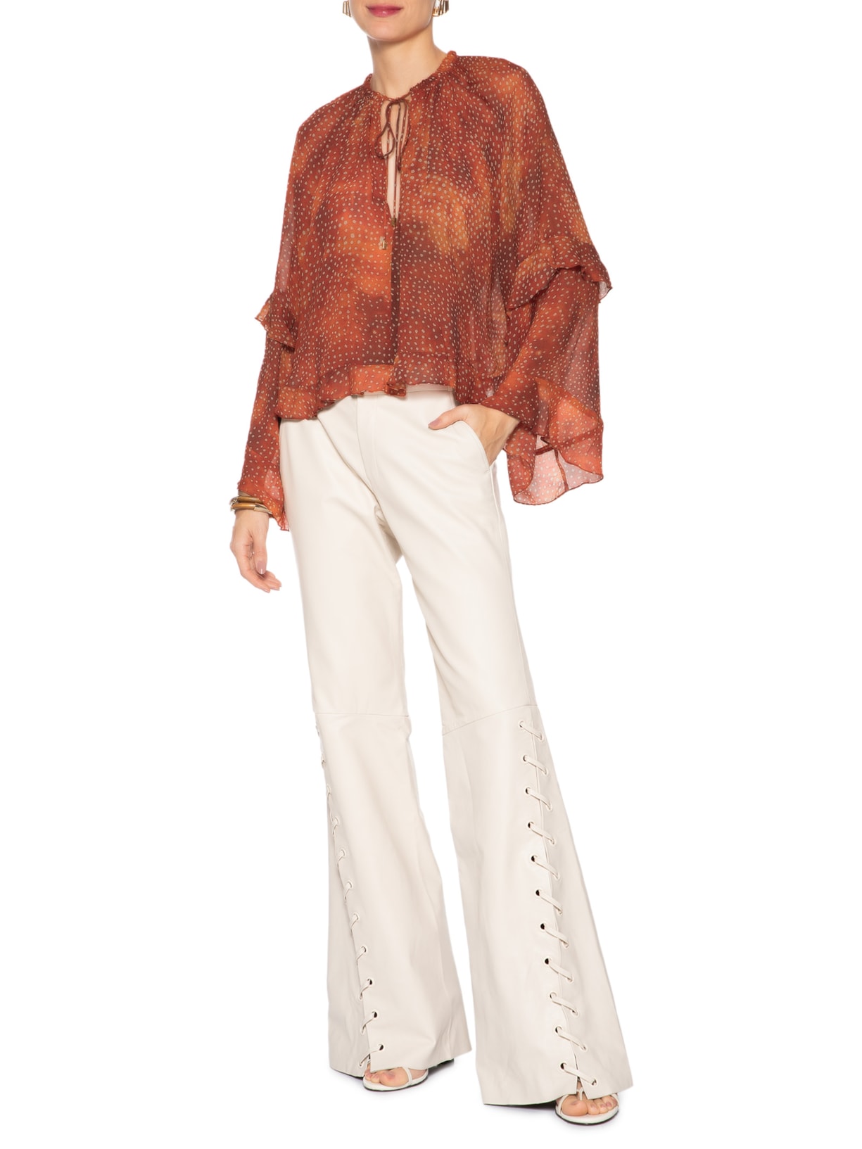 Calça De Couro Lateral Detalhe Ilhoses Bege Animale