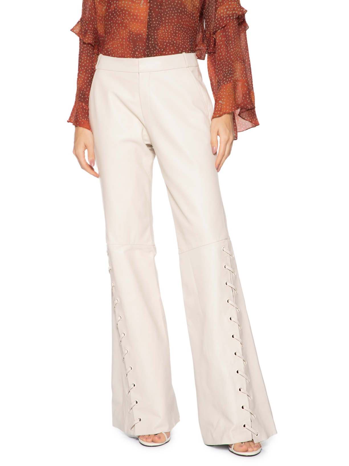 Calça De Couro Lateral Detalhe Ilhoses Bege Animale