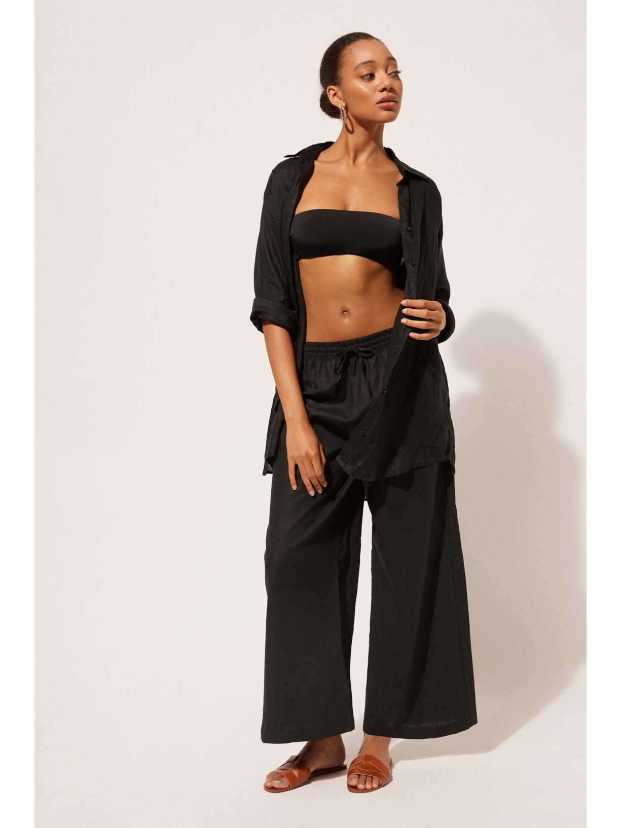 Calça Em Linho e Algodão Preto Calzedonia