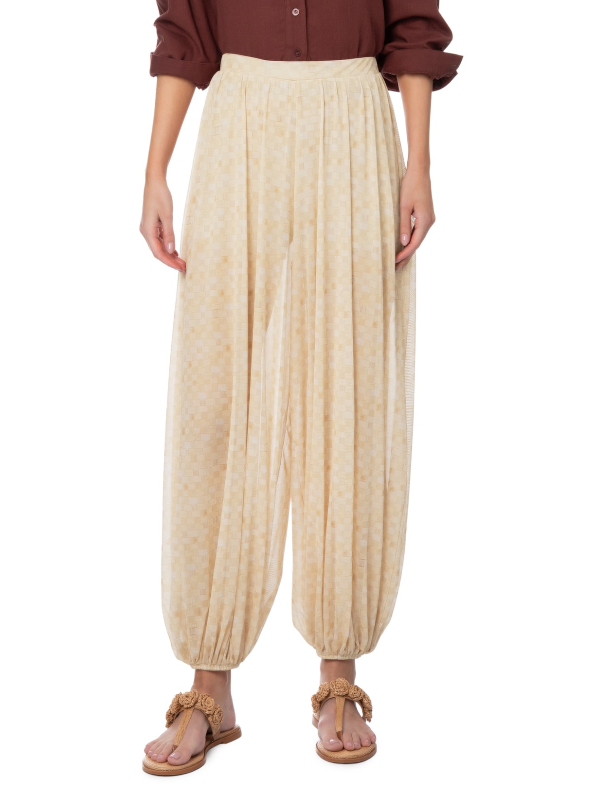 Calça Feminina Aladim Tule Bege Farm + Marina Bitu