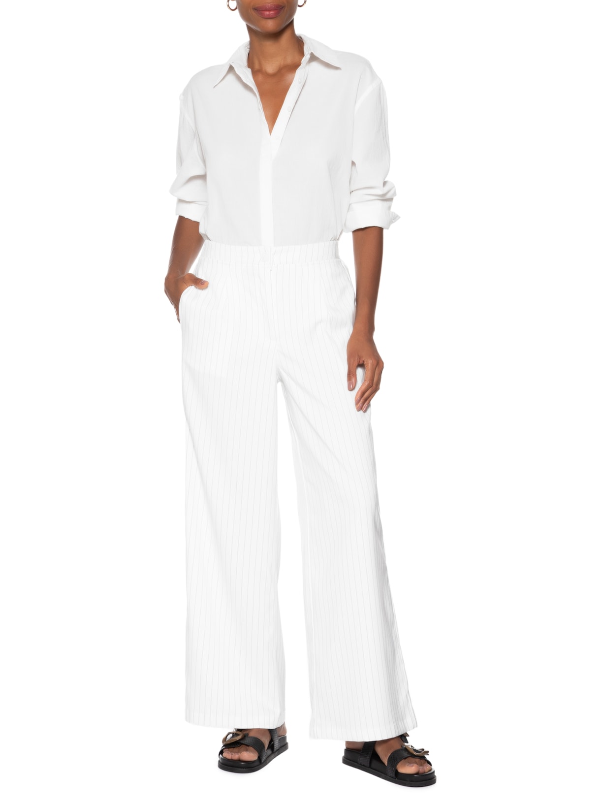 Calça Feminina Alfaiataria Risca De Giz Branco Basiq