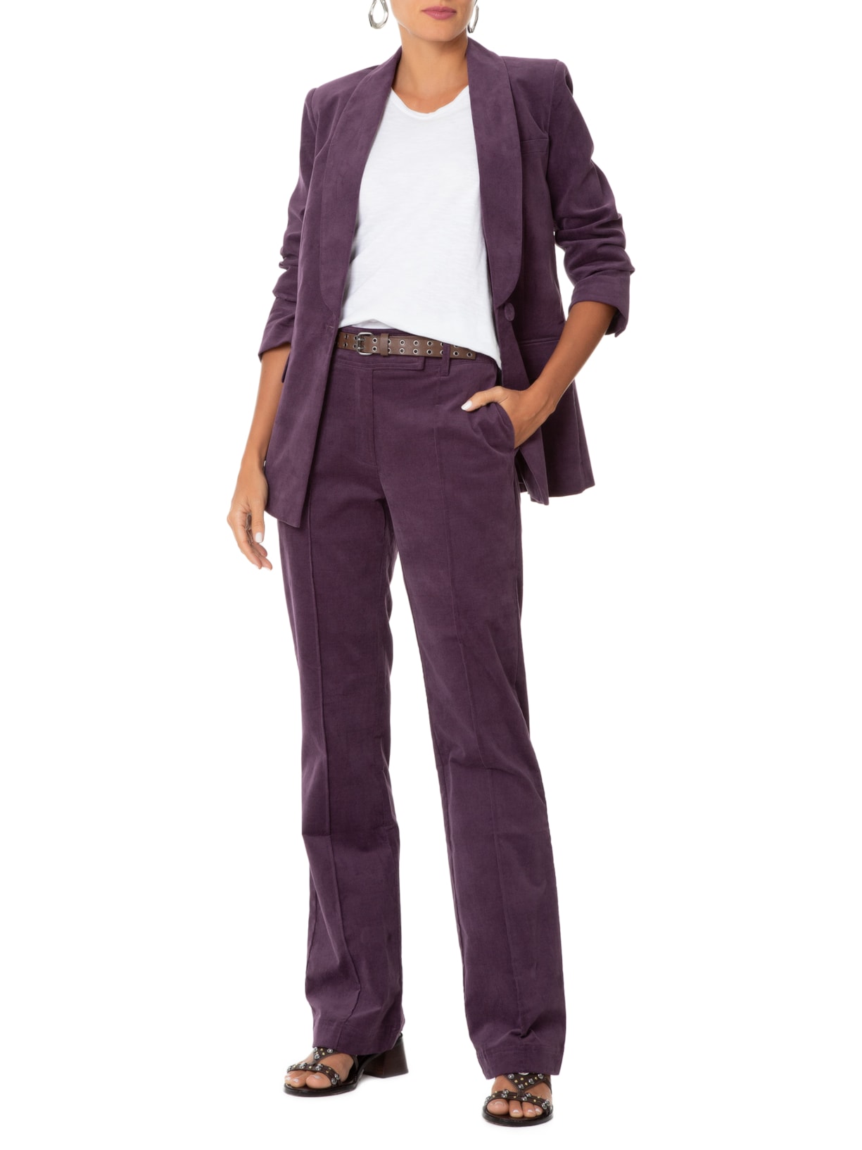 Calça Feminina Alfaiataria Veludo Roxo Maria Filó