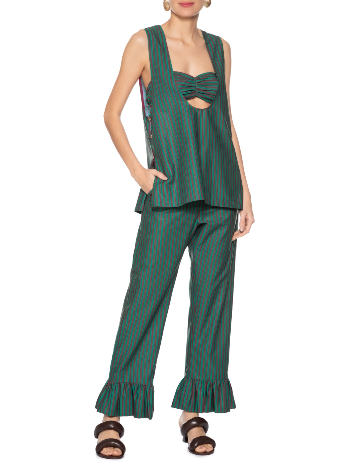 Calça Feminina Algodão Listrado Verde Paula Raia