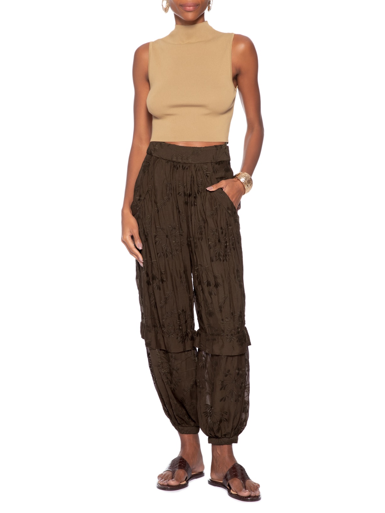 Calça Feminina Ampla Bordada Marrom Animale