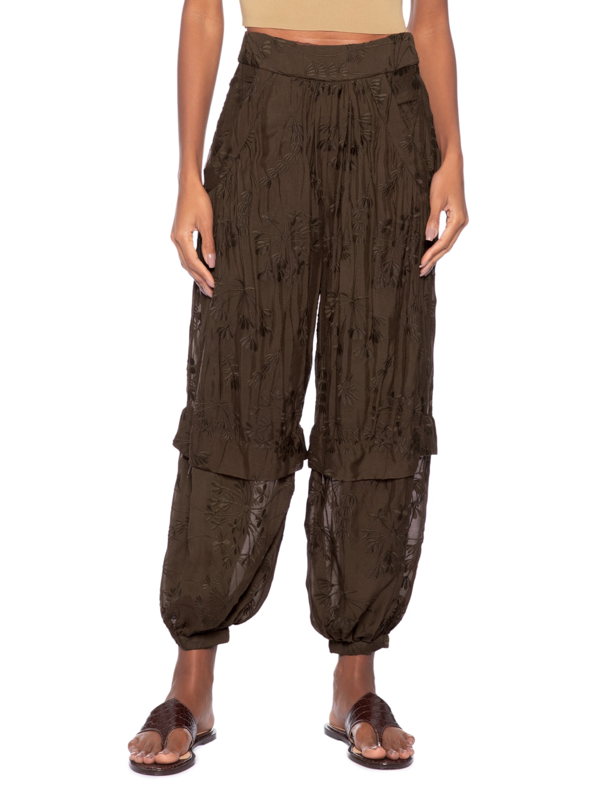Calça Feminina Ampla Bordada Marrom Animale