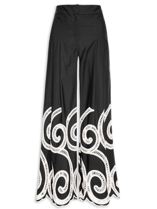 Calça Feminina Ampla Com Bordados - Preto