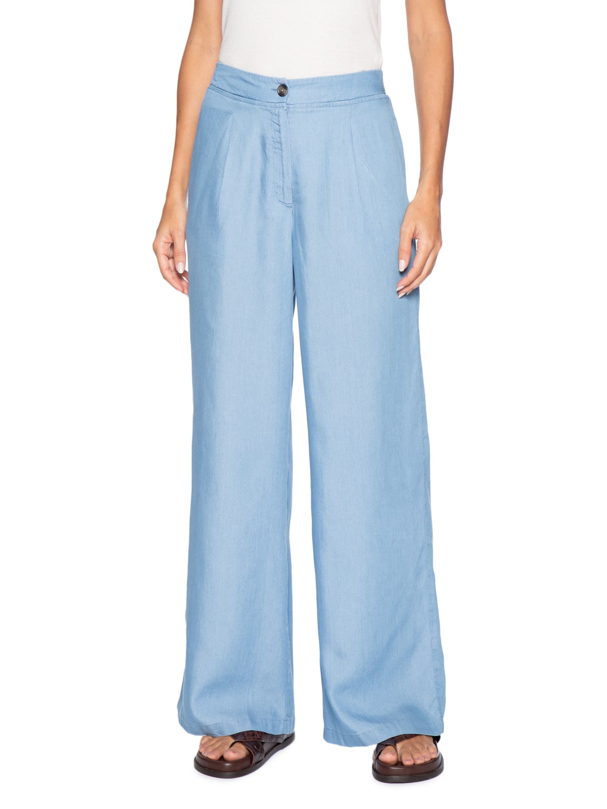 Calça Feminina Ampla Com Pregas Azul Basiq