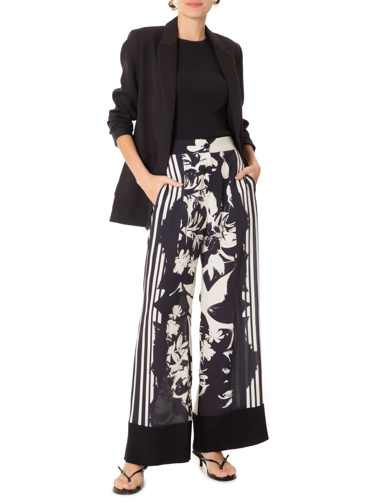 Calça Feminina Ampla Floral Pincel Preto Animale