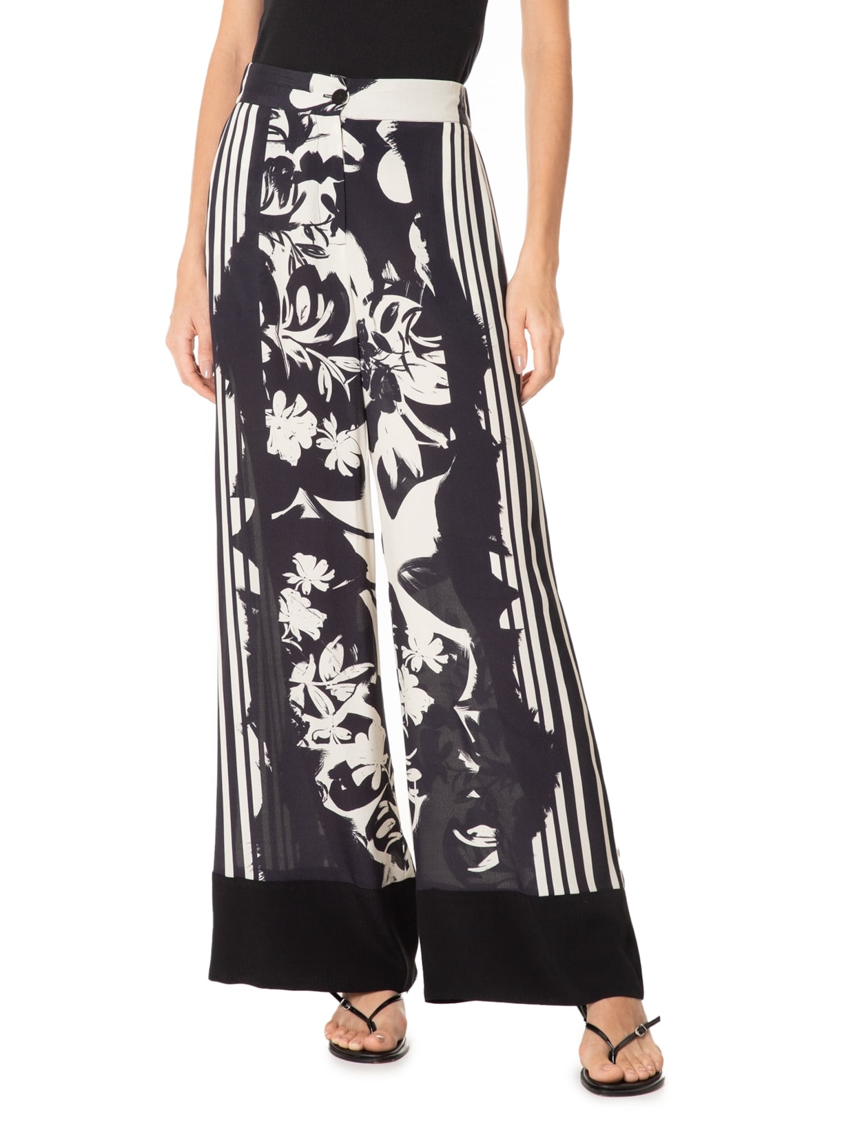 Calça Feminina Ampla Floral Pincel Preto Animale