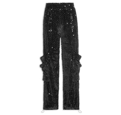 Calça Feminina Baggy Veludo Paetê - Preto
