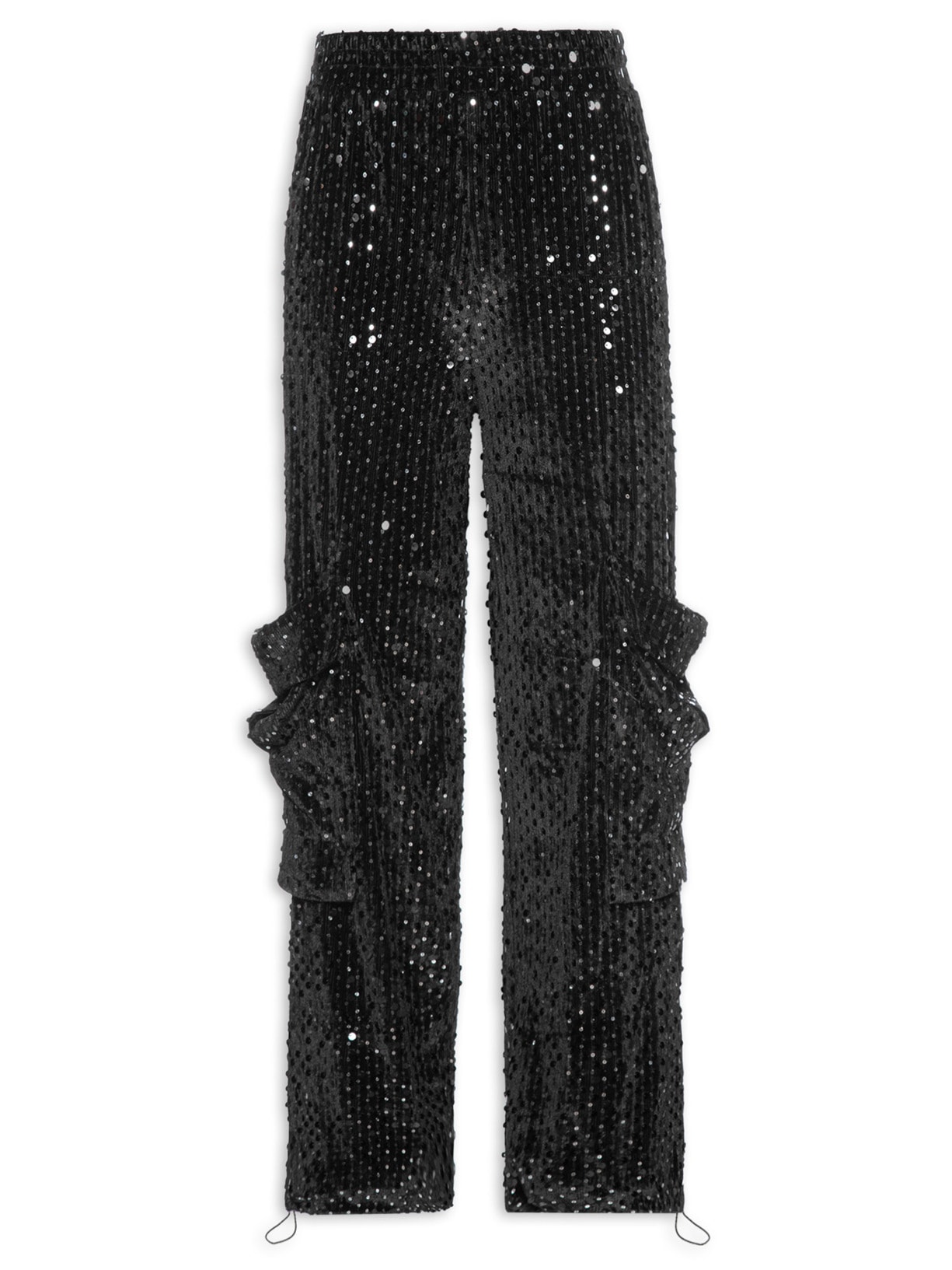 Calça Feminina Baggy Veludo Paetê - Preto