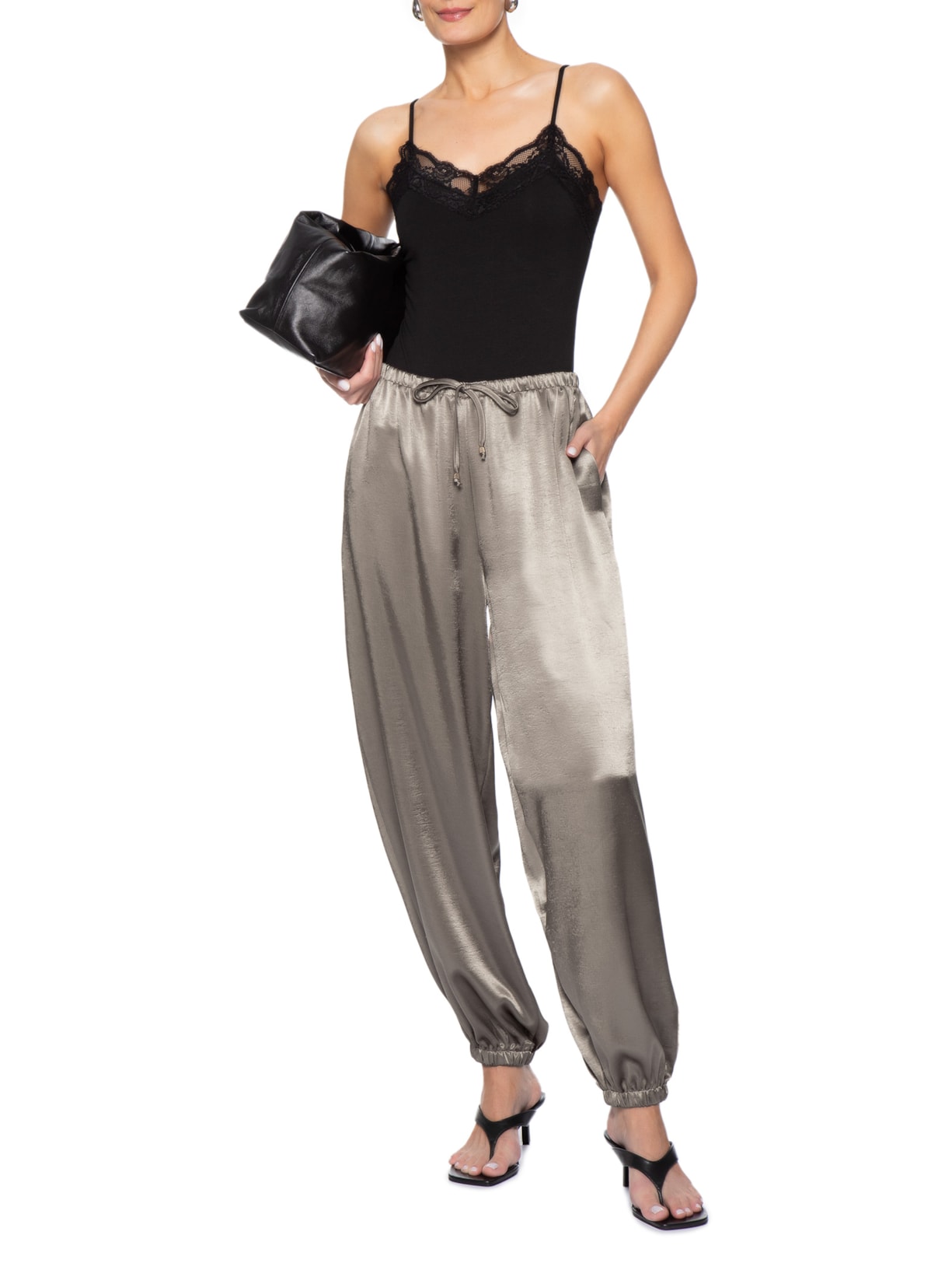 Calça Feminina Balloon Acetinada Cinza Market 33